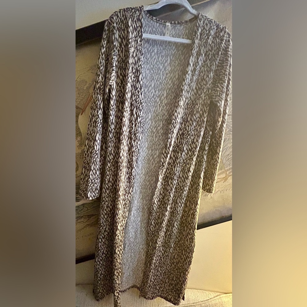 * MTS Long Open Front Cardigan Sweater Brown Tan Abstract Tribal Pattern SZ Med